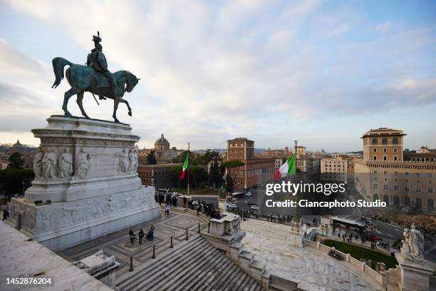 View of Piazza Venezia and Statua Equestre di Vittorio Emanuele II from the terrace at Altare della Patria, in the historic centre of Rome on...