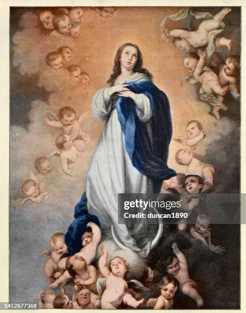 virgin mary, the immaculate conception of los venerables, spanish artist bartolomé esteban murillo 17th century - classical stock illustrations