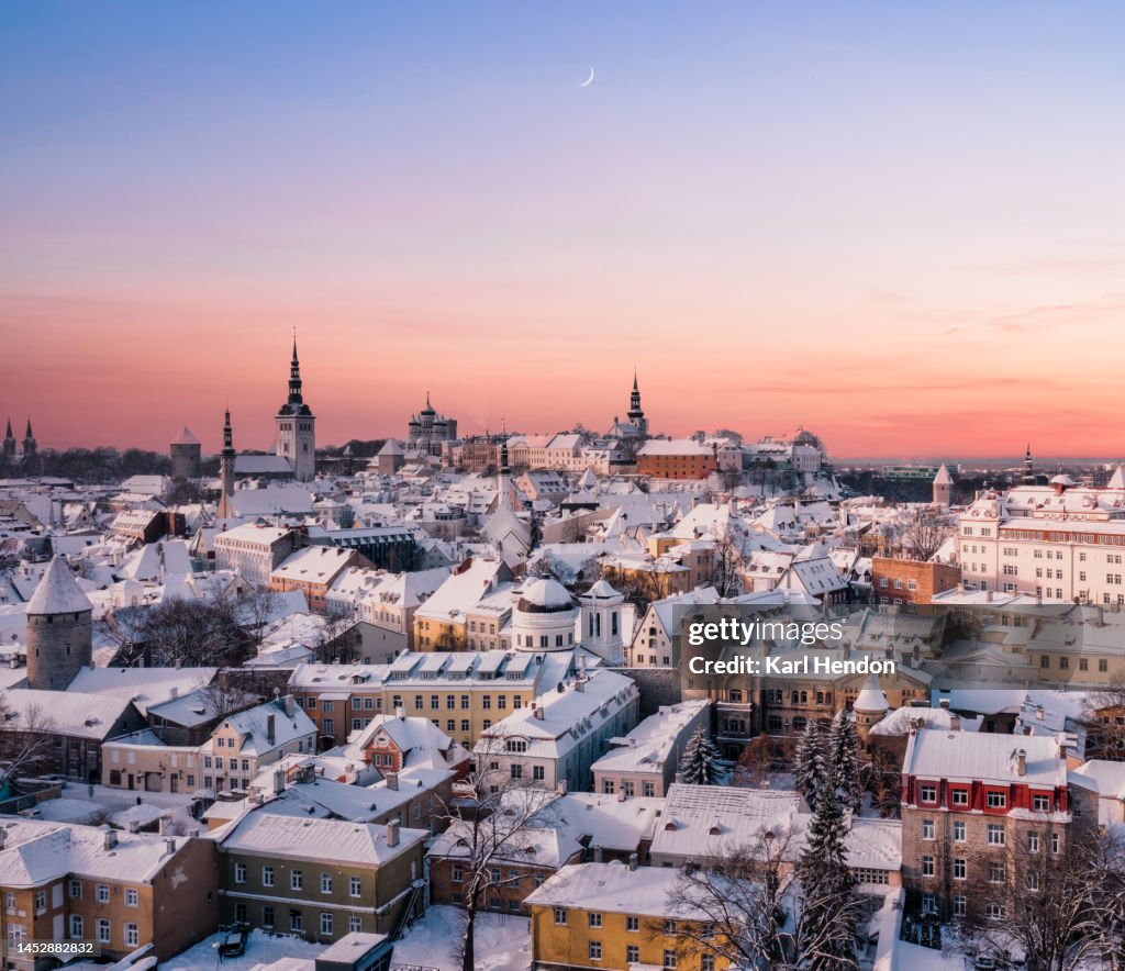 An elevated view of the Tallinn skyline in winter