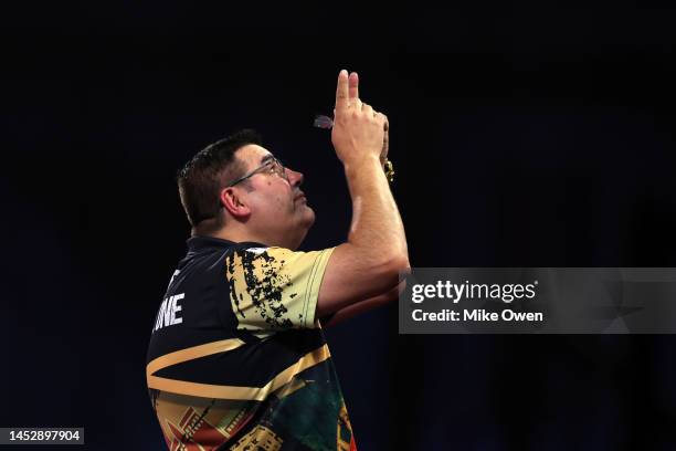 Jose de Sousa of Portugal celebrates the win during his Third Round match against Ryan Searle of England during Day Nine of The Cazoo World Darts...