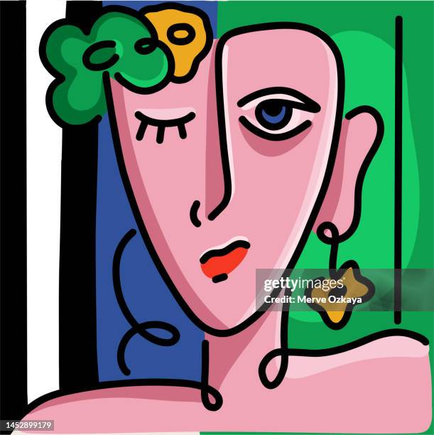 ilustraciones, imágenes clip art, dibujos animados e iconos de stock de retrato abstracto de la cara moderna - cubismo