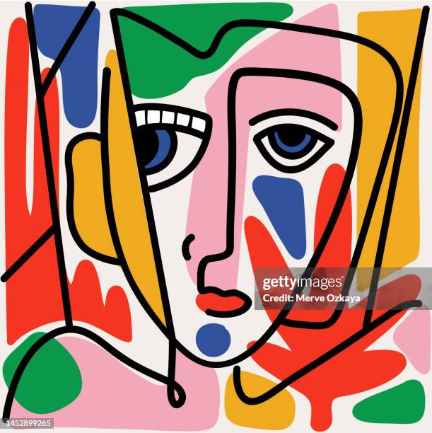 ilustraciones, imágenes clip art, dibujos animados e iconos de stock de retrato abstracto de rostro moderno - cubismo