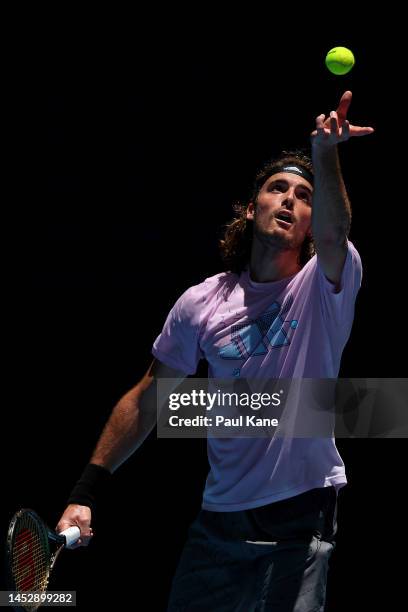 Stefanos Tsitsipas of Greece practices during a 2023 United Cup media opportunity at RAC Arena on December 28, 2022 in Perth, Australia.