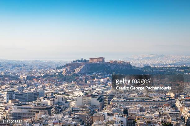 view of athens, greece and the acropolis during daytime - parthenon aten bildbanksfoton och bilder