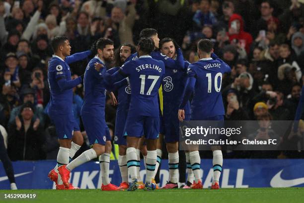 Mason Mount of Chelsea celebrates scoring their second goal with team mates during the Premier League match between Chelsea FC and AFC Bournemouth at...