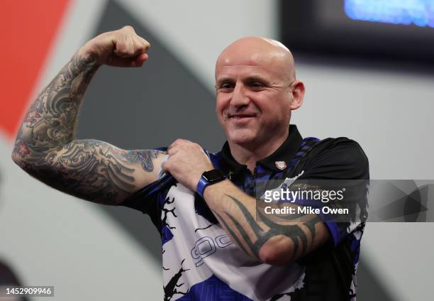Alan Soutar of Scotland celebrates the win during his Third Round match against Danny Noppert of Netherlands during Day Nine of The Cazoo World Darts...