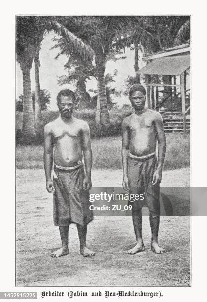 workers from neumecklenburg (new ireland), halftone print, published in 1899 - bismarck archipelago stock illustrations
