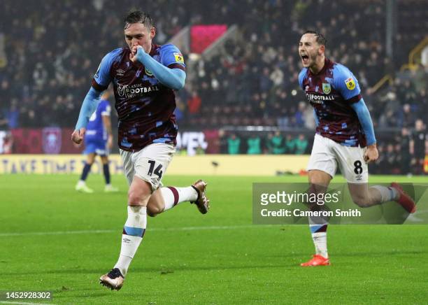 Connor Roberts of Burnley celebrates after scoring their side's second goal during the Sky Bet Championship between Burnley and Birmingham City at...
