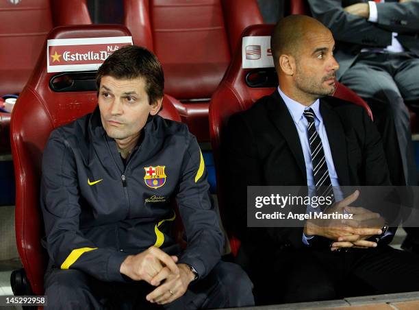 Head coach Pep Guardiola of Barcelona looks on beside his assistant Tito Vilanova during the Copa del Rey Final match between Athletic Bilbao and...