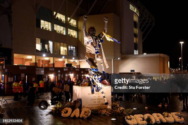 The Statue of Former Leeds United player, Billy Bremner is seen outside the stadium ahead of the Premier League match between Leeds United and...
