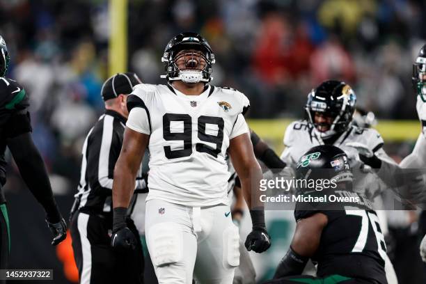Jeremiah Ledbetter of the Jacksonville Jaguars reacts after making a tackle during an NFL football game between the New York Jets and the...