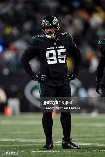 Quinnen Williams of the New York Jets looks on during an NFL football game between the New York Jets and the Jacksonville Jaguars at MetLife Stadium...