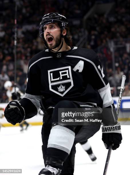 Phillip Danault of the Los Angeles Kings reacts after scoring a goal during the second period of a game against the Vegas Golden Knights at...