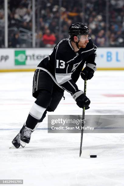 Gabriel Vilardi of the Los Angeles Kings controls the puck during the second period of a game against the Vegas Golden Knights at Crypto.com Arena on...