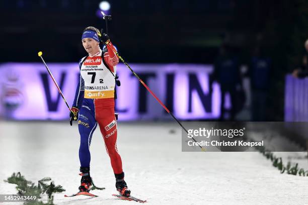Fabien Claude of France celebrates winning the Bett1 Biathlon Team Challenge at Veltins Arena on December 28, 2022 in Gelsenkirchen, Germany.
