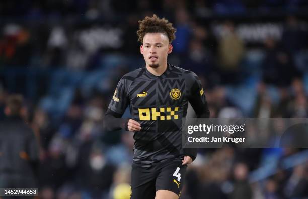 Kalvin Phillips of Manchester City warms up ahead of the Premier League match between Leeds United and Manchester City at Elland Road on December 28,...