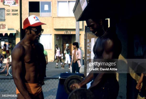Weightlifters in Muscle Beach, the birthplace of the fitness and bodybuilding craze, in September, 1979 in Venice, California.