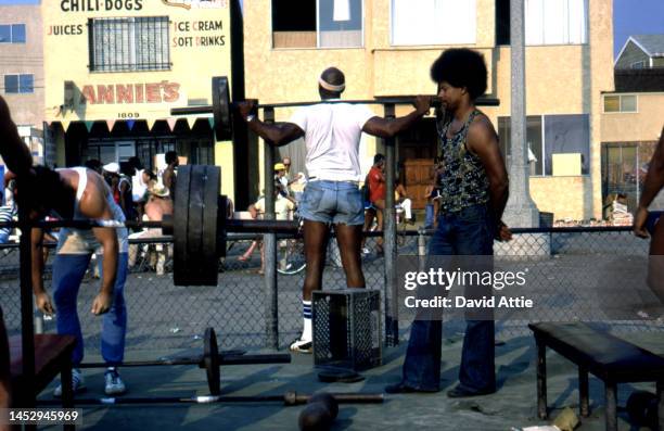 Weightlifters in Muscle Beach, the birthplace of the fitness and bodybuilding craze, in September, 1979 in Venice, California.