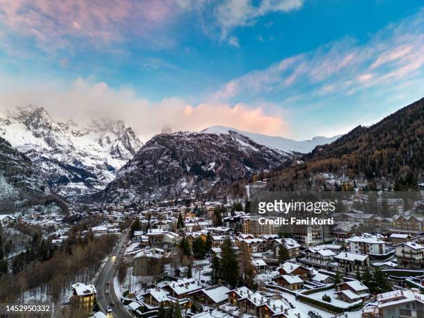 courmayeur italian mountain town from drone - mountain village stock pictures, royalty-free photos & images