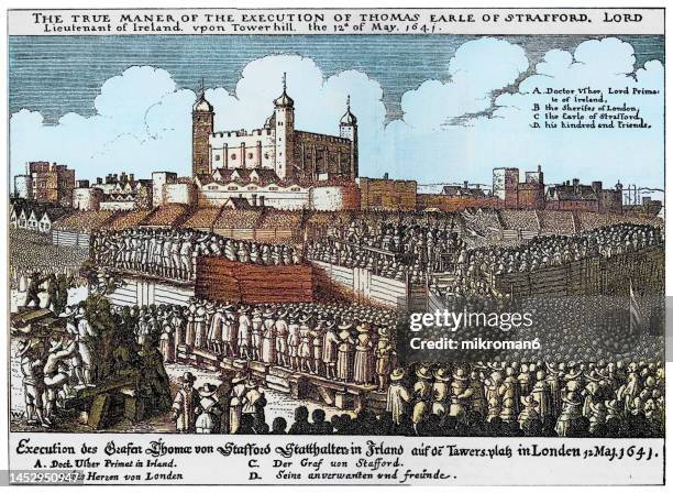 old engraving illustration of execution of earl thomas stafford in london in may 1641 - 17th century london stock pictures, royalty-free photos & images