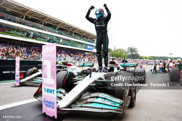 Race winner George Russell of Great Britain and Mercedes celebrates in parc ferme after the F1 Grand Prix of Brazil at Autodromo Jose Carlos Pace on...