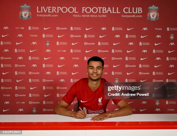 Cody Gakpo new signing for Liverpool at AXA Training Centre on December 28, 2022 in Kirkby, England.