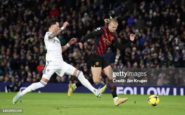 Erling Haaland of Manchester City scores the team's second goal past Robin Koch of Leeds United during the Premier League match between Leeds United...