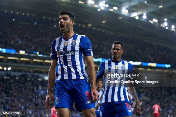Mehdi Taremi of FC Porto celebrates after scoring his team's second goal during the Liga Portugal Bwin match between FC Porto and FC Arouca at...