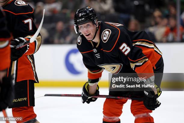 John Klingberg of the Anaheim Ducks looks on during the first period of a game against the Calgary Flames at Honda Center on December 23, 2022 in...