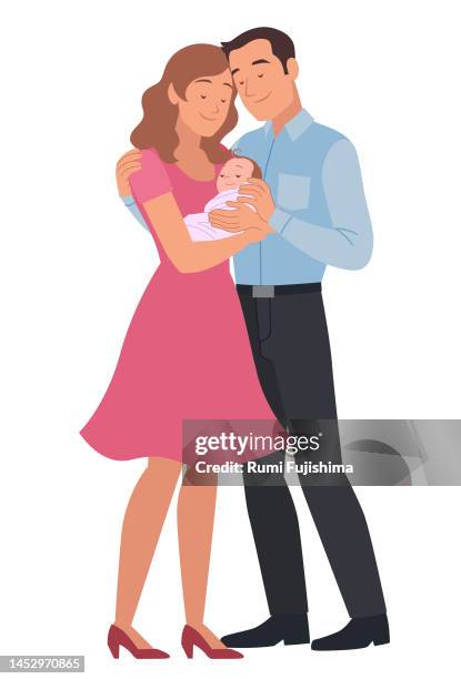 ilustraciones, imágenes clip art, dibujos animados e iconos de stock de padres amorosos sosteniendo a su bebé recién nacido - bebes felices