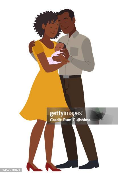 loving parents holding their newborn baby - bi racial couple white background stock illustrations