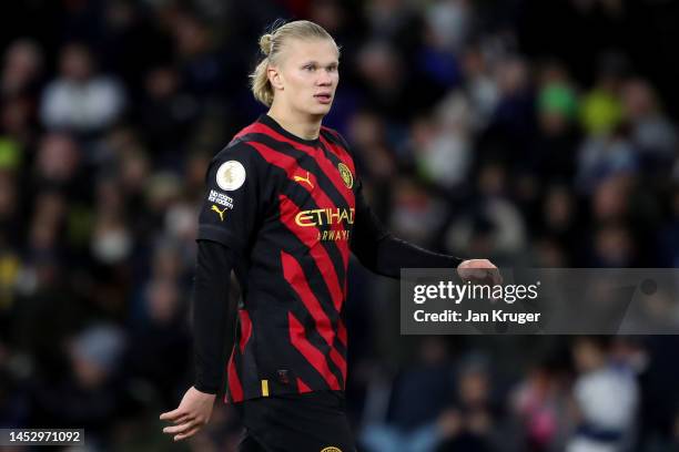 Erling Haaland of Manchester City looks on during the Premier League match between Leeds United and Manchester City at Elland Road on December 28,...