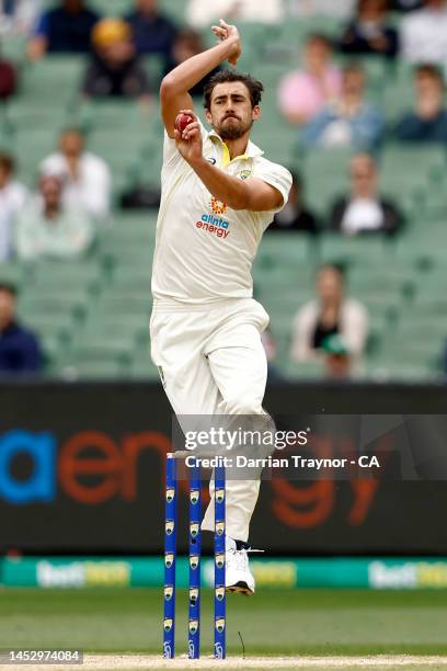 Mitchell Starc of Australia bowls during day four of the Second Test match in the series between Australia and South Africa at Melbourne Cricket...