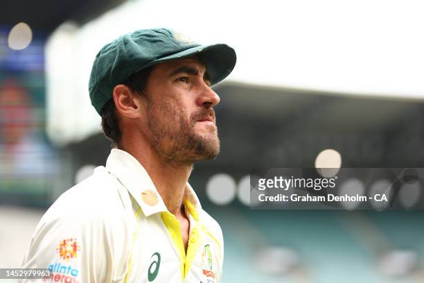 Mitchell Starc of Australia looks on during day four of the Second Test match in the series between Australia and South Africa at Melbourne Cricket...