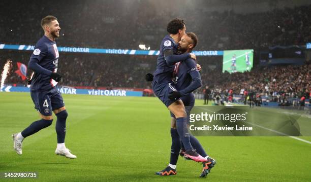 Captain Marquinhos of Paris Saint-Germain celebrate his goal with Neymar Jr and Sergio Ramos during the Ligue 1 match between Paris Saint-Germain and...