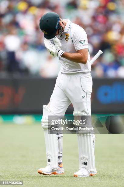 Sarel Erwee of South Africa leaves the field after being dismissed by Mitchell Starc of Australia during day four of the Second Test match in the...