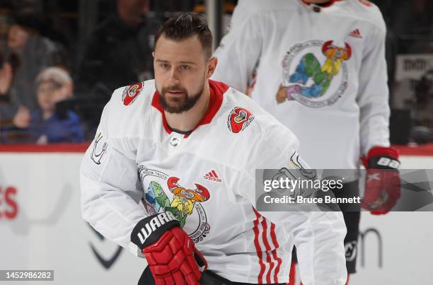 Tomas Tatar of the New Jersey Devils skates in warm-ups wearing the Pride Night jersey prior to the game against the Boston Bruins at the Prudential...