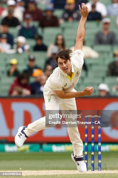 Pat Cummins of Australia bowls during day four of the Second Test match in the series between Australia and South Africa at Melbourne Cricket Ground...