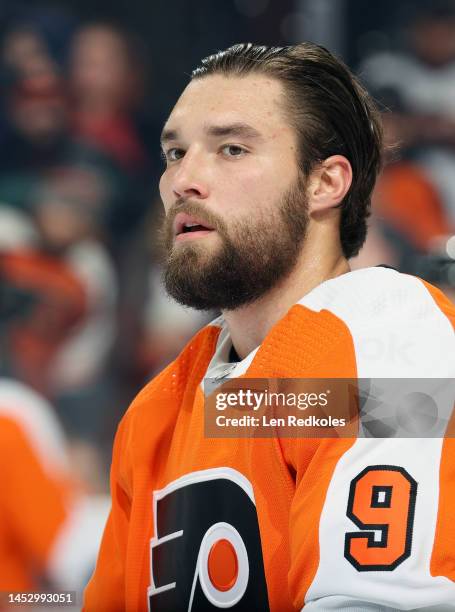 Ivan Provorov of the Philadelphia Flyers looks on during warm-ups prior to his game against the Columbus Blue Jackets at the Wells Fargo Center on...