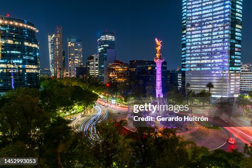 View of Paseo de Reforma in Mexico City, financial district at night