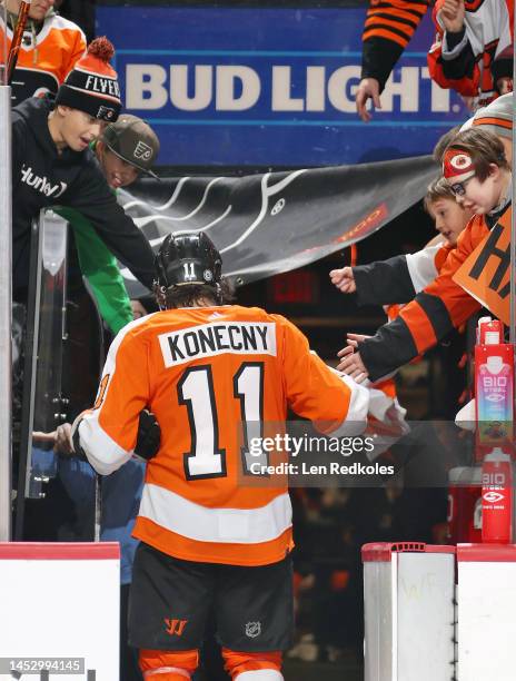 Travis Konecny of the Philadelphia Flyers is greeted by his fans after defeating the Columbus Blue Jackets 5-3 at the Wells Fargo Center on December...