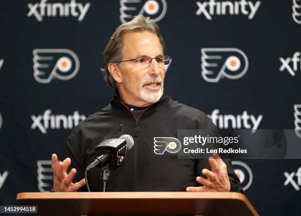 Head Coach of the Philadelphia Flyers John Tortorella speaks during a press conference after his team defeated the Columbus Blue Jackets 5-2 at the...