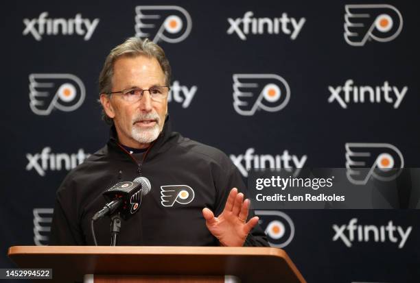 Head Coach of the Philadelphia Flyers John Tortorella speaks during a press conference after his team defeated the Columbus Blue Jackets 5-2 at the...