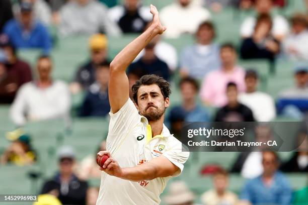 Mitchell Starc of Australia bowls during day four of the Second Test match in the series between Australia and South Africa at Melbourne Cricket...