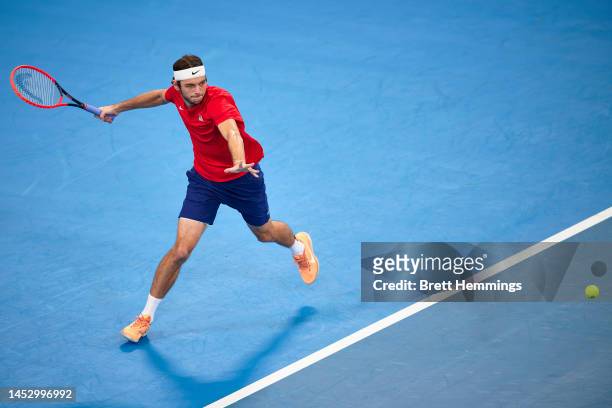 Taylor Fritz of the USA plays a forehand shot in his Group C match against Jiri Lehecka of the Czech Republic during day one of the 2023 United Cup...