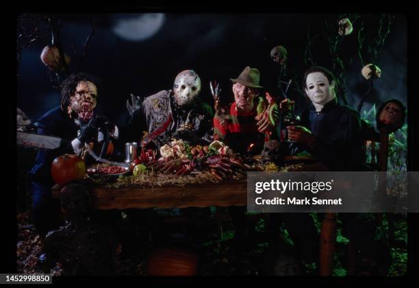 Freddy Krueger, Michael Myers, Jason Voorhees, and Leatherface pose for a portrait for a People Magazine cover in 1988 in Los Angeles, California.