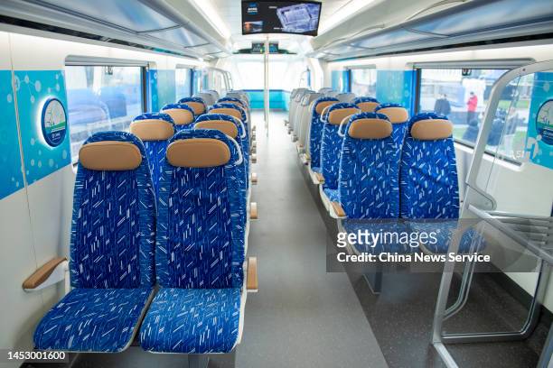An inner view of a carriage of the world's first hydrogen energy urban train at a branch of CRRC Changchun Railway Vehicles Co., Ltd on December 28,...