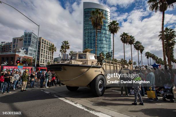 Navy vehicles appear in the Port of San Diego Holiday Bowl Parade on December 28, 2022 in San Diego, California. Billed as America's Largest Balloon...