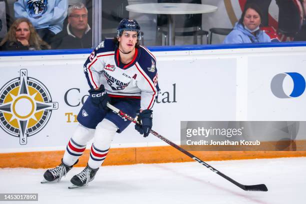 Parker Bell of the Tri-City Americans skates during second period action against the Winnipeg ICE at Wayne Fleming Arena on November 05, 2022 in...