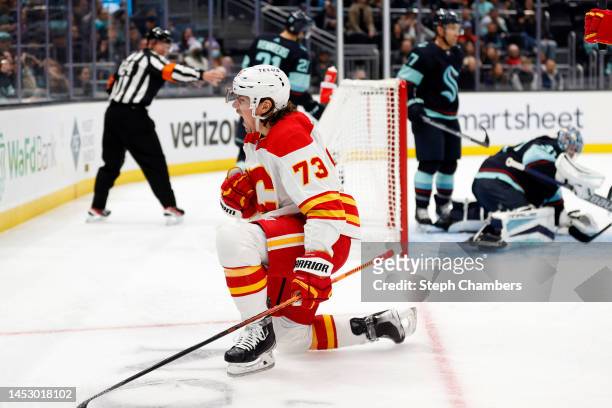 Tyler Toffoli of the Calgary Flames celebrates his goal against the Seattle Kraken during the first period at Climate Pledge Arena on December 28,...